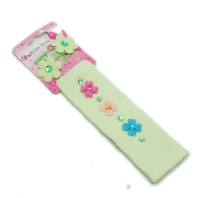 KOMPLET DZIECIĘCY OPASKA ELASTYCZNA ZE SPINKAMI KWIATKI SELEDYNOWY (0314-34)