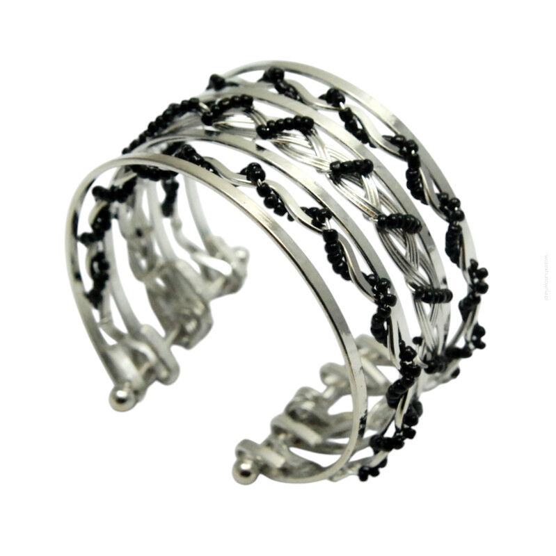 BRANSOLETKA METALOWA Z CZARNYMI KORALIKAMI                                                          (7B354B-1)