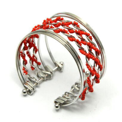 BRANSOLETKA METALOWA Z CZERWONYMI KORALIKAMI                                                                     (7B353B-1)