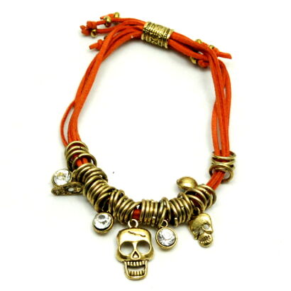 BRANSOLETKA Z RZEMYKÓW POMARAŃCZOWA CZASZKI EDGE ROCK BOHO 0611-166