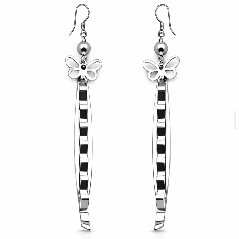 KOLCZYKI WISZĄCE DŁUGIE SREBRNE GEOMETRYCZNE MOTYW MOTYLA  0605-40