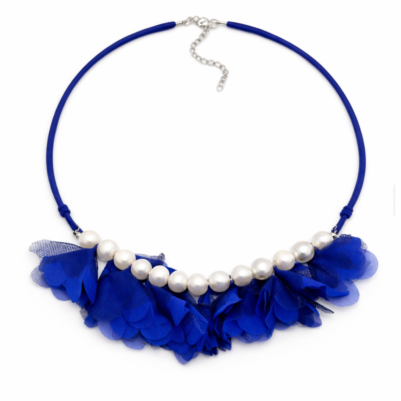 NASZYJNIK GRANATOWY FALBANKI BIAŁE PEREŁKI ELEGANCKI REGULOWANY 84 CM (0616-20 SAH L)