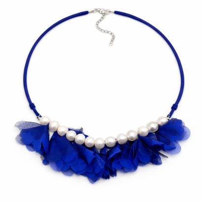 NASZYJNIK GRANATOWY FALBANKI BIAŁE PEREŁKI ELEGANCKI REGULOWANY 84 CM (0616-20 SAH L)