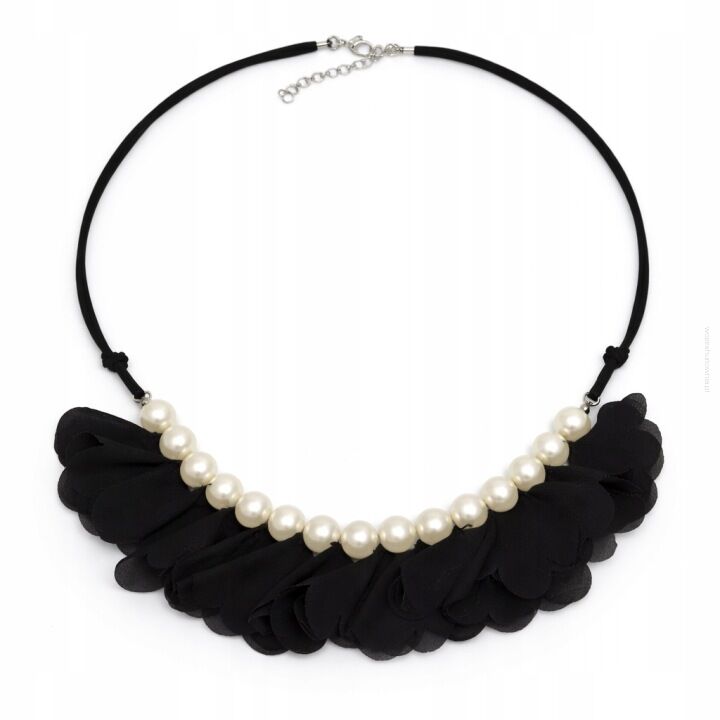 NASZYJNIK CZARNY FALBANKI PEREŁKI ELEGANCKI                                               (0616-10 SAH L)