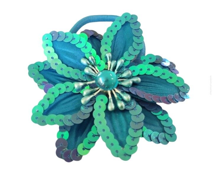 BROSZKA / GUMKA DO WŁOSOÓW KWIAT Z CEKINAMI MORSKA                (2-4812/1 ASM)