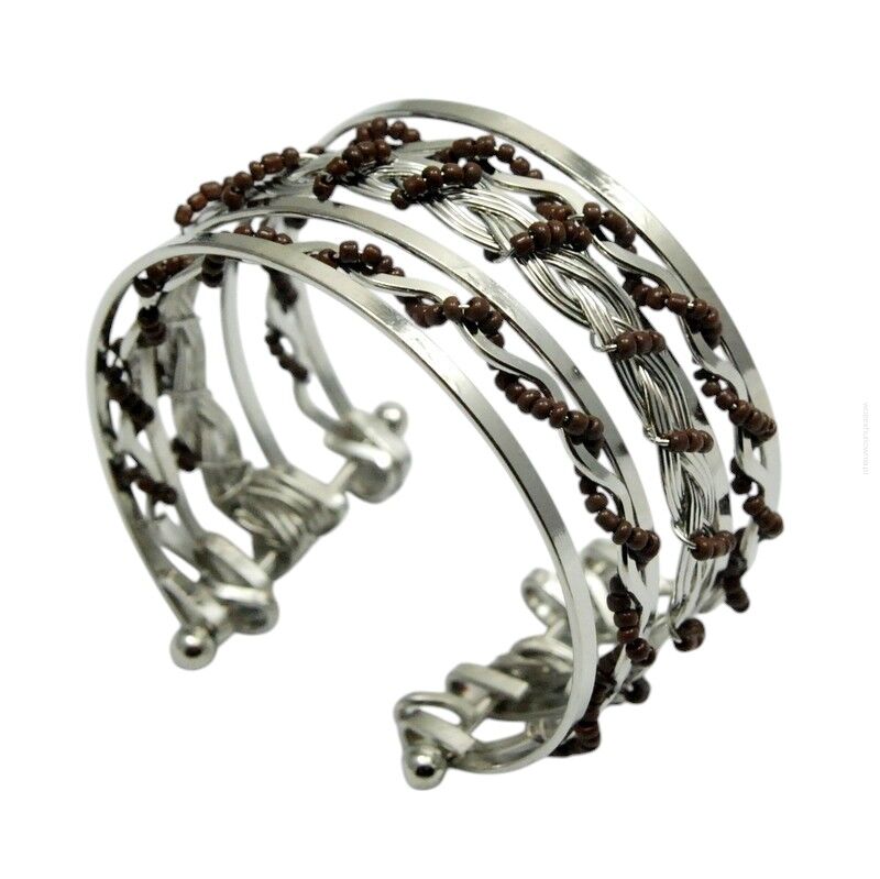 BRANSOLETKA METALOWA Z BRĄZOWYMI KORALIKAMI                                                          (7B354B-2)