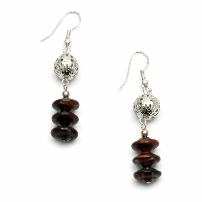 KOLCZYKI WISZĄCE ZE SRERBNĄ KULKĄ I BRĄZOWYMI KORALIKAMI KLASYCZNE 0615-34