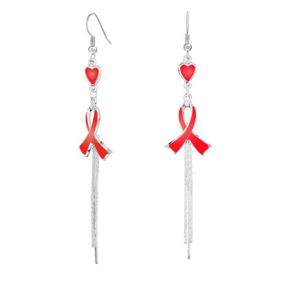 KOLCZYKI WISZĄCE NA ŁAŃCUSZKU CZERWONY MOTYW SERCE I KOKARDKA DŁUGIE 0611-62