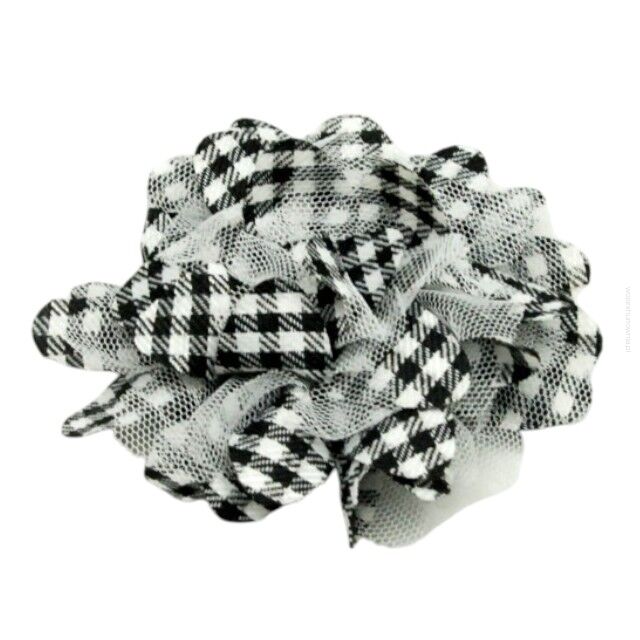 GUMKA  DO WŁOSÓW OZDOBNA MATERIALOWA KWIAT  CZARNO-BIAŁA PEPITKA ( 0617-48)