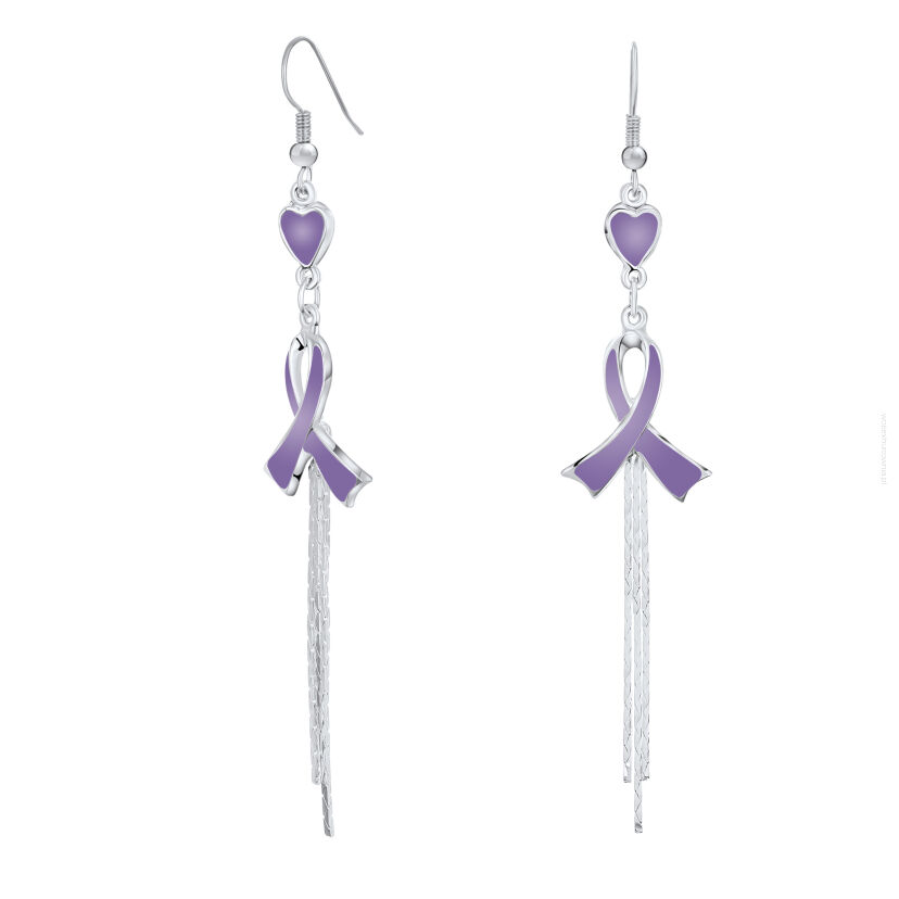 KOLCZYKI WISZĄCE NA ŁAŃCUSZKU FIOLETOWY MOTYW SERCE I KOKARDKA DŁUGI 0611-63