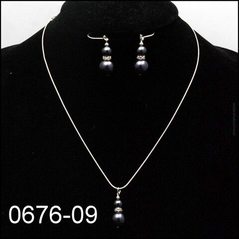 KOMPLET SET KLASYCZNY NASZYJNIK + KOLCZYKI CIEMNE PEREŁKI Z CYRKONIAMI 0676-09