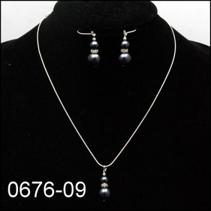 KOMPLET SET KLASYCZNY NASZYJNIK + KOLCZYKI CIEMNE PEREŁKI Z CYRKONIAMI 0676-09