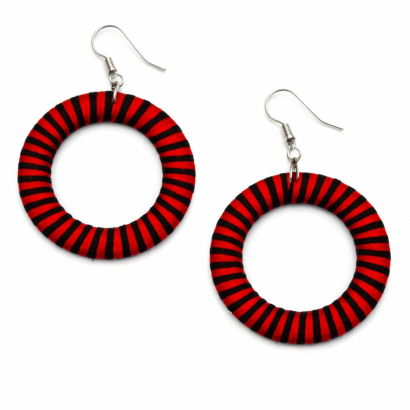 KOLCZYKI KÓŁKA OBSZYTE NITKĄ CZERWONO - CZARNE ETNO 0665-29