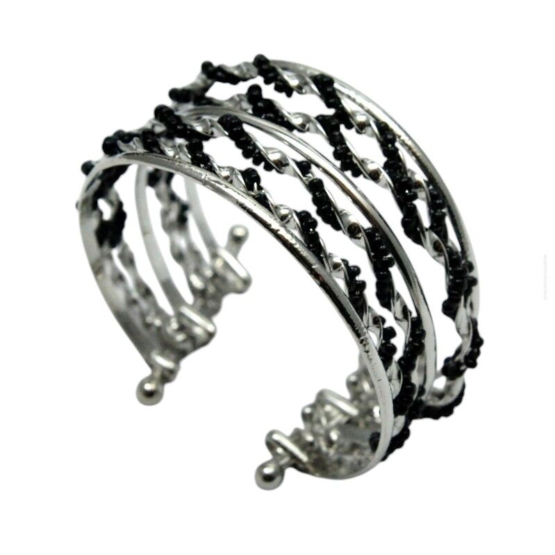 BRANSOLETKA METALOWA Z CZARNYMI KORALIKAMI                                                                     (7B352B-1)