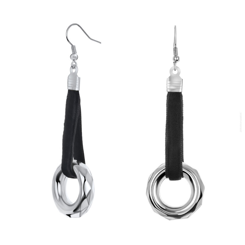 KOLCZYKI WISZĄCE DŁUGIE NA CZARNEJ TASIEMCE Z KÓŁKIEM SREBRNYM 0611-61