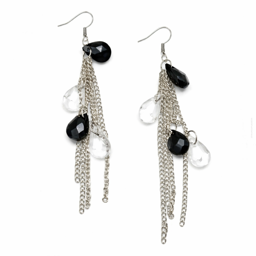 KOLCZYKI WISZĄCE W KOLORZE SREBRNYM MODERN KRYSZTAŁKI CZARNE I BIAŁE 0615-21