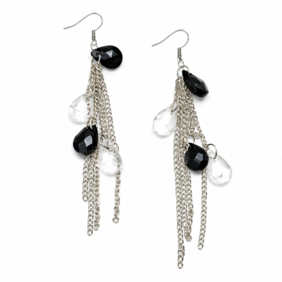KOLCZYKI WISZĄCE W KOLORZE SREBRNYM MODERN KRYSZTAŁKI CZARNE I BIAŁE 0615-21