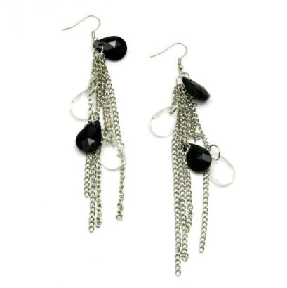 KOLCZYKI WISZĄCE W KOLORZE SREBRNYM MODERN KRYSZTAŁKI CZARNE I BIAŁE 0615-21