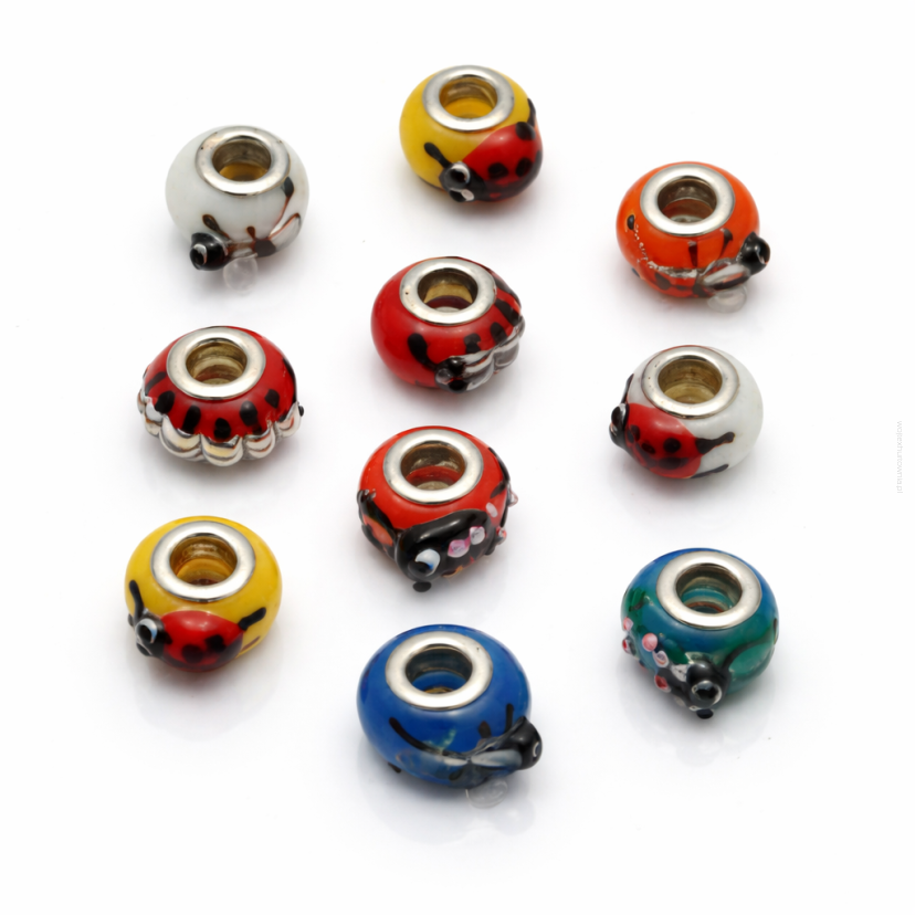 KORALIKI DO BRANSOLETKI KOLOROWE WZORY BIEDRONKI WAŻKI INNE (10 SZT) 2811